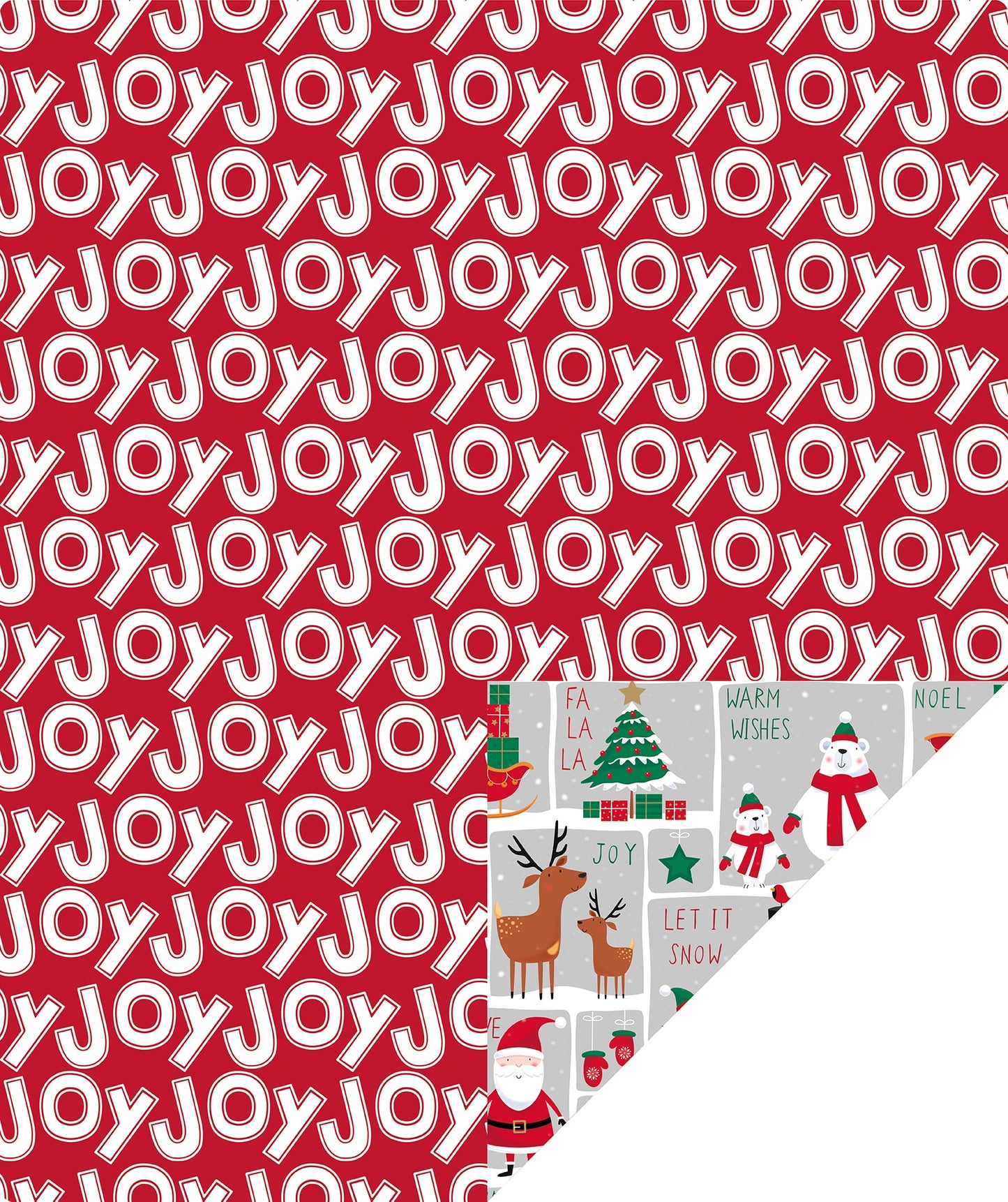 Winter Snowman Christmas Wrapping Paper Roll with White Joy Text on Red Background on Reverse