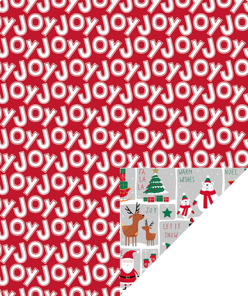 Winter Snowman Christmas Wrapping Paper Roll with White Joy Text on Red Background on Reverse