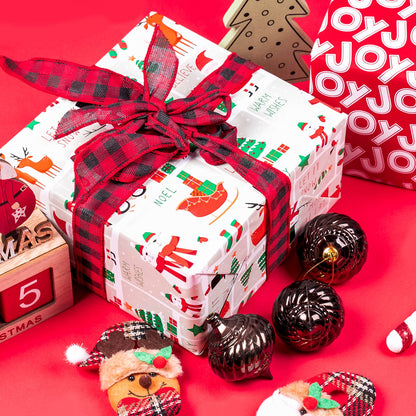 Winter Snowman Christmas Wrapping Paper Roll with White Joy Text on Red Background on Reverse
