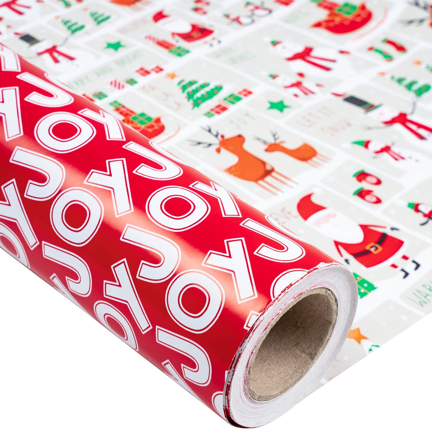 Winter Snowman Christmas Wrapping Paper Roll with White Joy Text on Red Background on Reverse